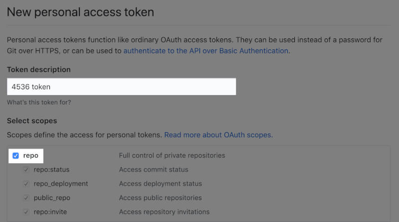 トークンの説明を入力して「repo」にチェックを入れる